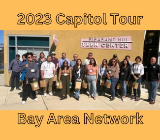 Attendees of the Bay Area Network Capitol Tour stand outside the Pleasant Hill Teen Center